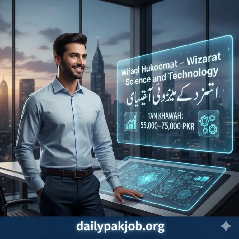 Wifaqi Hukoomat ki Wizarat Science and Technology mein Research Officer ki 8 government job vacancies ka ilan, taleem Masters/MPhil, umar 24–35 saal, tankhwah 55,000–75,000 rupay, apply online by 25 Farwari 2026.