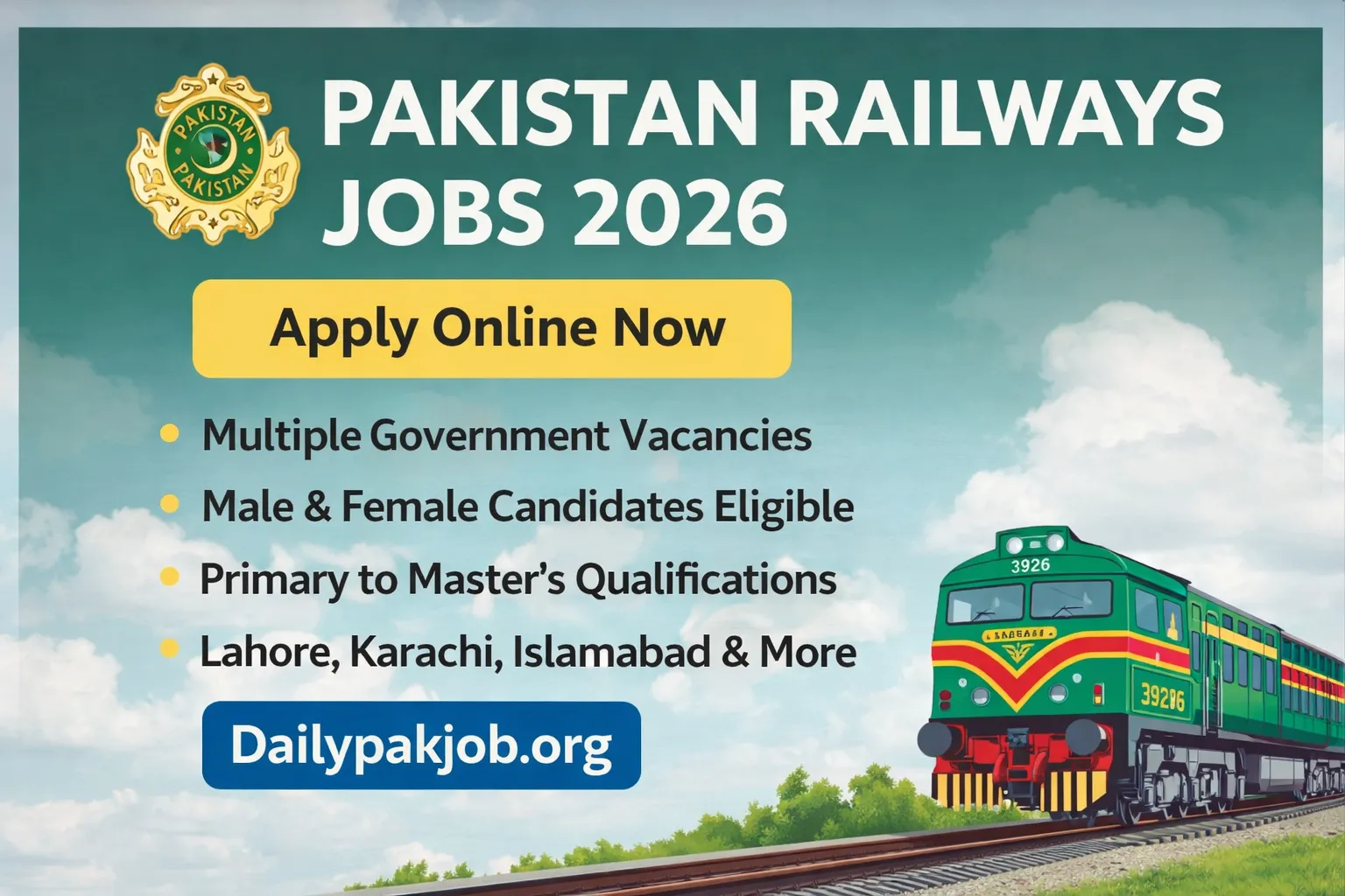 Pakistan Railways Jobs 2026 advertisement image showing apply online details, eligibility, and government job opportunities for male and female candidates.