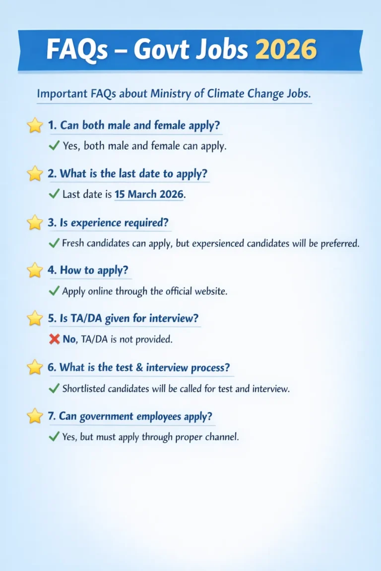 “Ministry of Climate Change Pakistan Jobs 2026 advertisement showing vacancies, eligibility criteria, and application details for federal government jobs. including eligibility for male and female candidates, last date to apply (15 March 2026), experience requirements