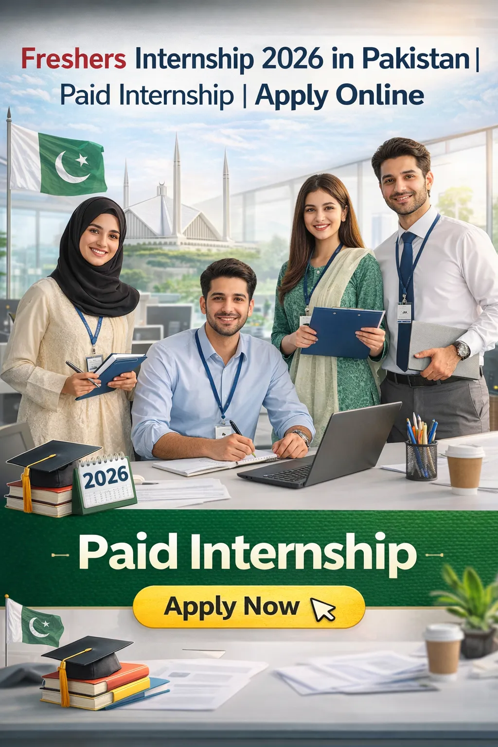 Promotional banner showing four young professionals in an office with Pakistan flag and Faisal Mosque in background, titled “Freshers Internship 2026 in Pakistan | Paid Internship | Apply Online” with a “Paid Internship – Apply Now” button and graduation elements.