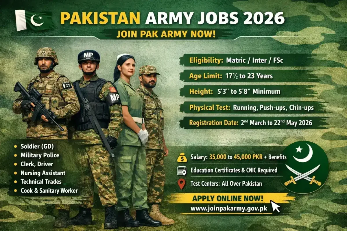 Pakistan Army Jobs 2026 recruitment advertisement showing soldiers in camouflage uniform with job details including eligibility (Matric / Inter / FSc), age limit 17½ to 23 years, height requirement 5'3" to 5'8", physical test (running, push-ups, chin-ups), registration dates 2nd March to 22nd May 2026, salary 35,000 to 45,000 PKR, and apply online website