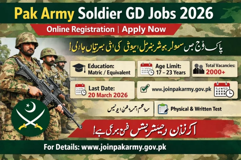 Pak Army Soldier GD Jobs 2026 advertisement پاک فوج جنرل ڈیوٹی سولجر 2026 apply online