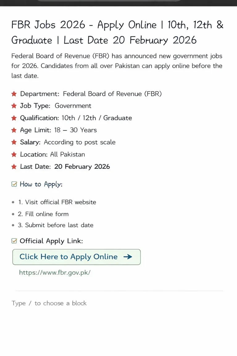 FBR Jobs 2026 Apply Online Last Date 20 February 2026 Official Website
