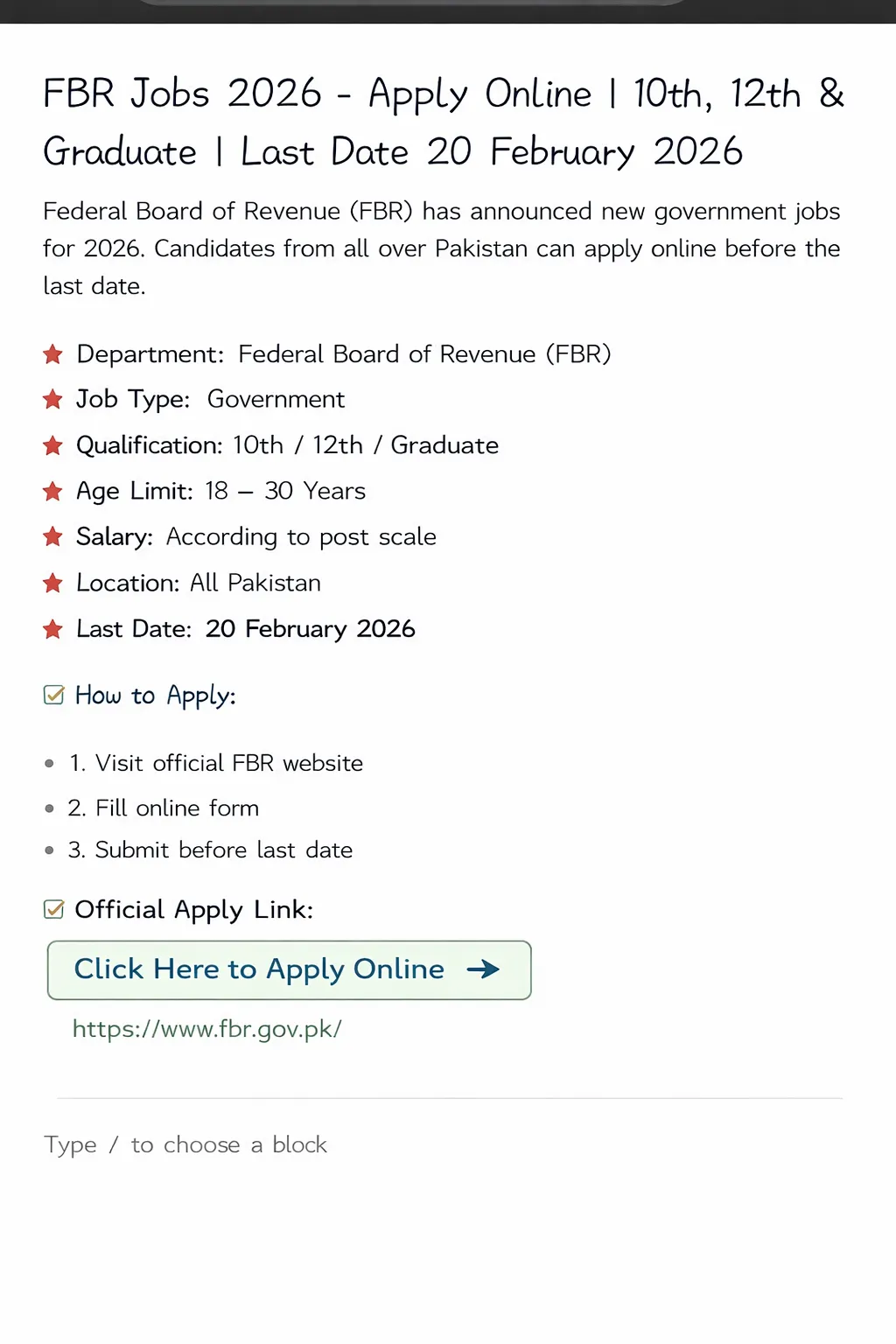 FBR Jobs 2026 Apply Online Last Date 20 February 2026 Official Website