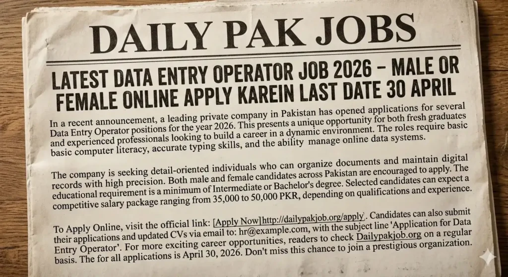 Latest Data Entry Operator Job 2026 Pakistan apply online private company vacancy