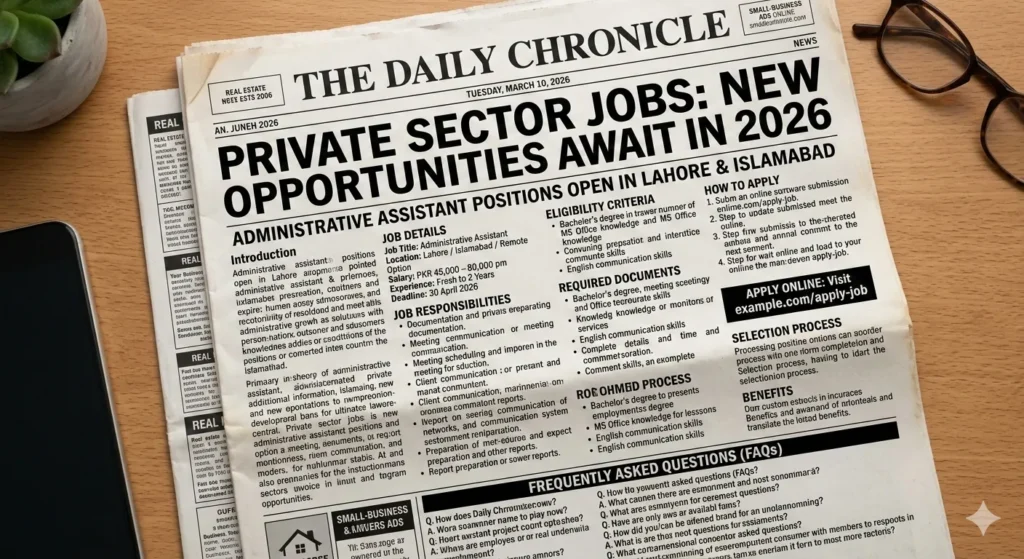 A top-down photograph on a wooden desk showing a newspaper, "The Daily Chronicle," dated March 10, 2026, with a large headline: "PRIVATE SECTOR JOBS: NEW OPPORTUNITIES AWAIT IN 2026." The front page features a job advertisement for an Administrative Assistant with locations in Lahore and Islamabad, a salary of PKR 45,000–80,000 pm, and an application deadline of April 30, 2026. Sections list job details, responsibilities, eligibility, required documents, and application instructions ("APPLY ONLINE: Visit example.com/apply-job"). A smartphone, glasses, and a potted plant surround the newspaper.