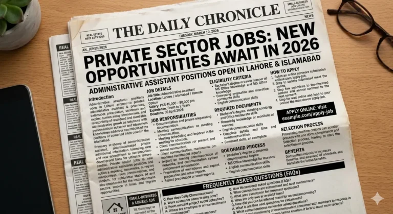 A top-down photograph on a wooden desk showing a newspaper, "The Daily Chronicle," dated March 10, 2026, with a large headline: "PRIVATE SECTOR JOBS: NEW OPPORTUNITIES AWAIT IN 2026." The front page features a job advertisement for an Administrative Assistant with locations in Lahore and Islamabad, a salary of PKR 45,000–80,000 pm, and an application deadline of April 30, 2026. Sections list job details, responsibilities, eligibility, required documents, and application instructions ("APPLY ONLINE: Visit example.com/apply-job"). A smartphone, glasses, and a potted plant surround the newspaper.