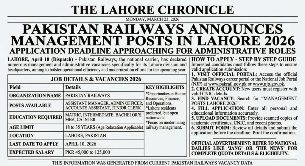 Latest Pakistan Railways Management Posts Lahore 2026 Apply Now Online Advertisement