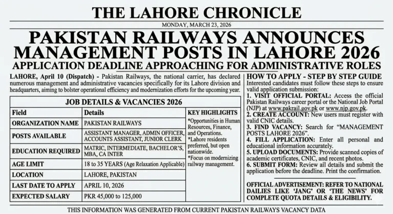 Latest Pakistan Railways Management Posts Lahore 2026 Apply Now Online Advertisement