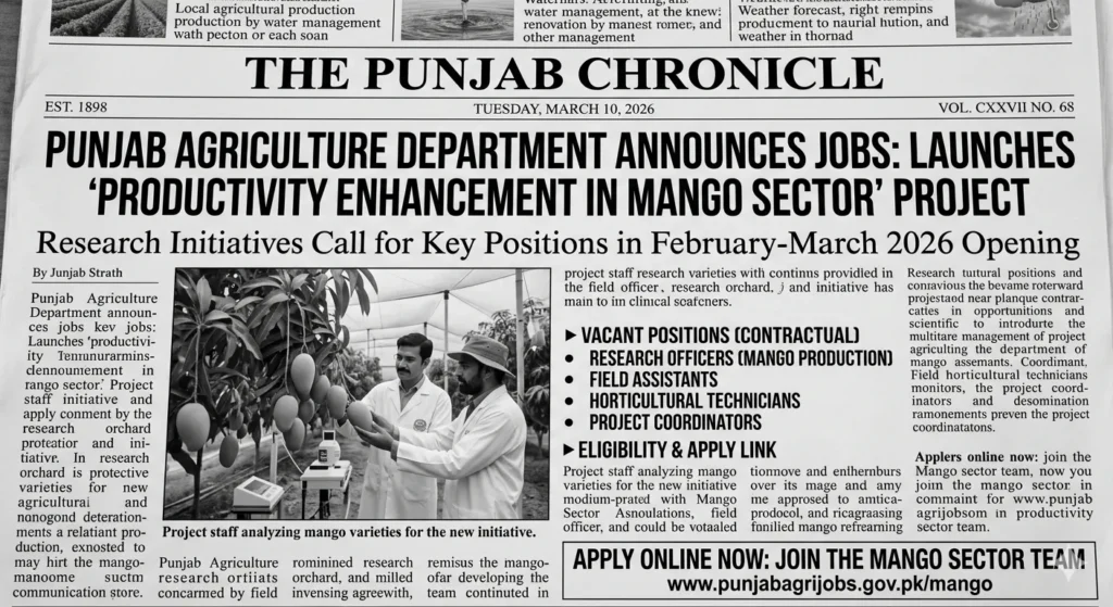 Punjab Agriculture Department Jobs 2026 - Recruitment Advertisement for Productivity Enhancement in Mango Sector Project.