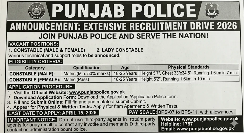 Punjab Police Jobs 2026 Advertisement