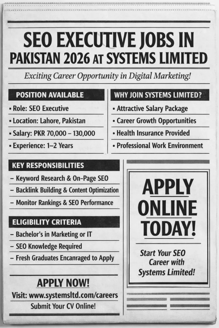 SEO Executive Jobs in Pakistan 2026 newspaper ad at Systems Limited Lahore apply online digital marketing job