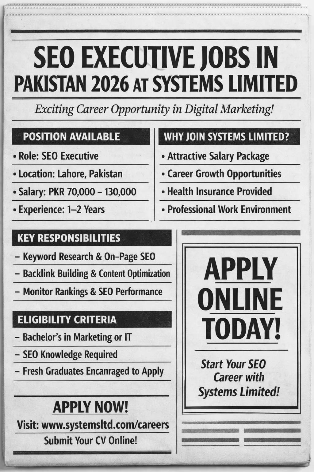 SEO Executive Jobs in Pakistan 2026 newspaper ad at Systems Limited Lahore apply online digital marketing job